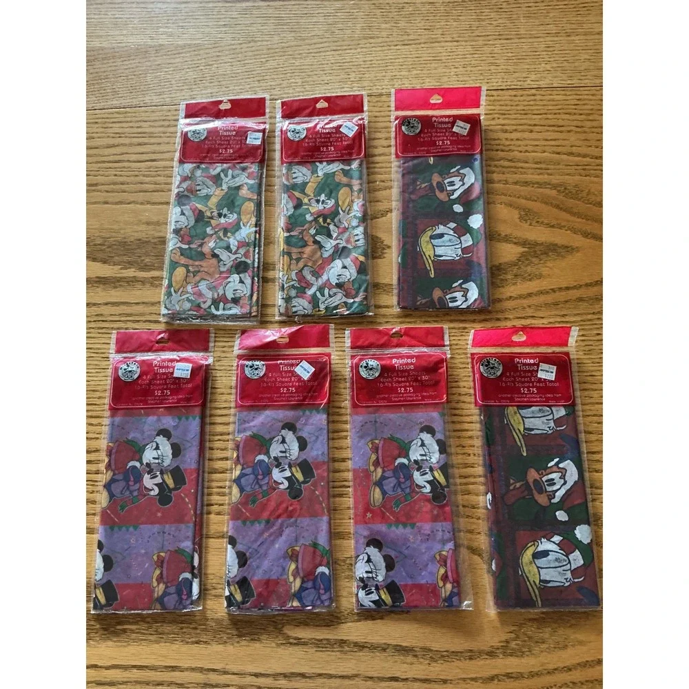 Vintage Disney Christmas Printed Tissue Paper Lot 7 Packs Mickey Donald Pluto